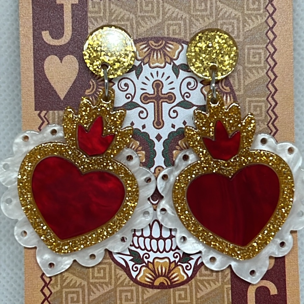 ❤️👑 CORAZON 👑❤️ Mexican inspired acrylic heart post dangle earrings gold red